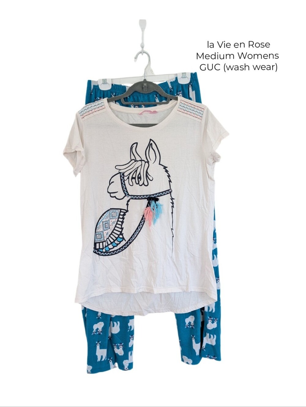 Women's Medium La Vie En Rose White Top & Teal Fleece Llama Pajama Pants Set